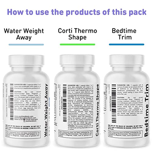 Youth & Tonic Shred Sculpt Lean 3 x Diet Pills w Water Weight Away & Cortithermo Shape & Bedtime Trim as Support for Metabolism Energy Cravings Water Retention Loss & Belly Bloating for Women & Men