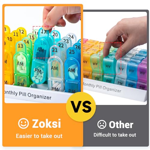 Zoksi Monthly Pill Organizer 2 Times a Day, 30 Day Pill Box Organizer Am Pm, Daily Pill Case with 32 Large Compartments for Each Day, Portable Travel Pill Container for Vitamins and Medicine