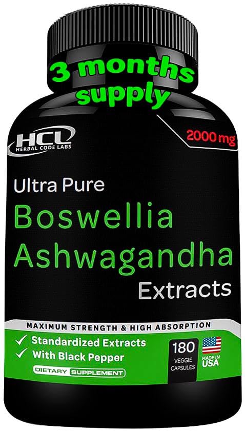 Boswellia Extract and Organic Ashwagandha Capsules 2000 mg - Strong Natural Joint Support Pills 3 month supply - Extra Strength Boswellia Serrata 65% Boswellic Acid with Ashwagandha Powder Supplement