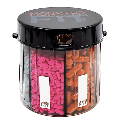 Monster Supplement Medicine Pill Organizer Dispenser, 7 Compartments and Labels, EZ Open Bottle, Extra Large Holder Fits a Month Plus of Almost Any Vitamin or Medication, Includes Premium Medisafe App