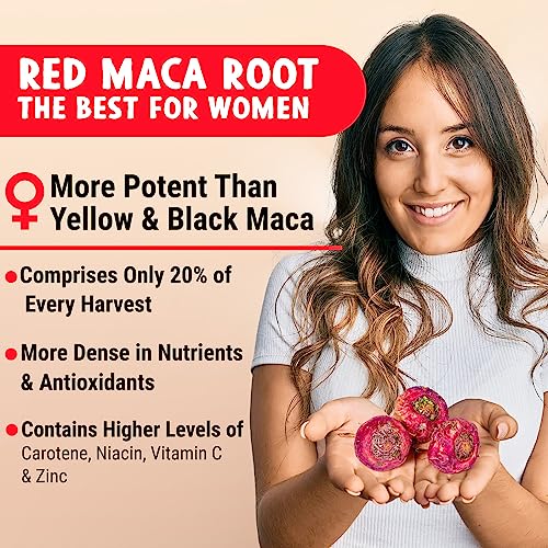 MAJU Organic Red Maca Root Capsules 120ct - Women Focused Curve Enhancement Nutrition Pills, Weight Booster Gain para Thighs, Powder in Pill Supplement Qty 1