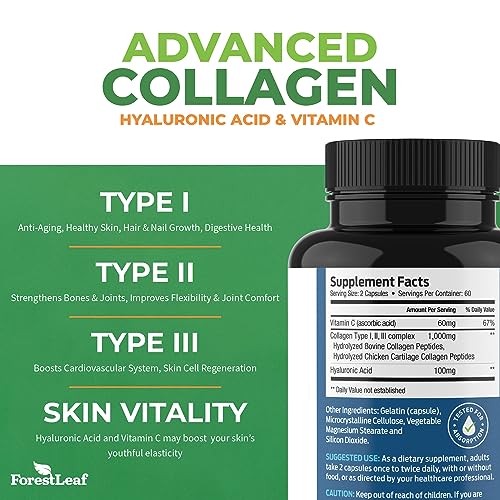 ForestLeaf Multi Collagen Pills with Hyaluronic Acid + Vitamin C | Hydrolyzed Collagen Supplements for Women or Men | Multi Collagen Capsules Peptides for Skin, Wrinkles, Weight Management, 240