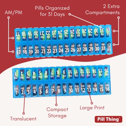 Twice-a-Day Monthly Pill Box Planner Set - AM & PM Medication Organizer for 31 Days! Set Contains 2 Organizers for One Month. (Blue - 31 Day AM/PM -1 Pack)