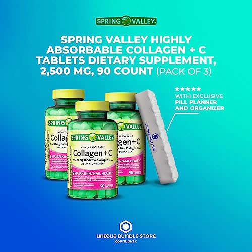 Spring Valley, Collagen Pills, 2,500 mg + C Tablets, Highly Absorbable Collagen Supplements, Dietary Supplement, 90 Count + 7 Day Pill Organizer Included (Pack of 3)