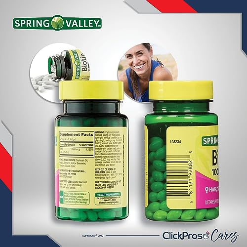 Spring Valley Biotin Softgels, 1000 mcg, 150 Count 3 Pack Bundle (450 Total) - Includes Vitamin Guide and Pill Container (5 Items)!