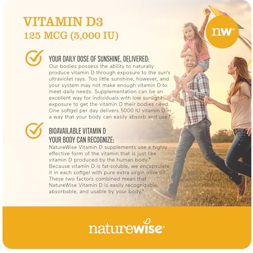 NatureWise Vitamin D3 5000iu (125 mcg) Healthy Muscle Function, and Immune Support, Non-GMO, Gluten Free in Cold-Pressed Olive Oil, Packaging Vary ( Mini Softgel), 90 Count