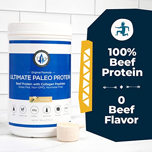 Ultimate Paleo Protein Powder | Premium Grass Fed Beef Protein with Collagen Peptides | Paleo Friendly, Gluten Free, Keto Friendly, No Artificial Sweeteners or Preservatives - Vanilla, 30 Servings