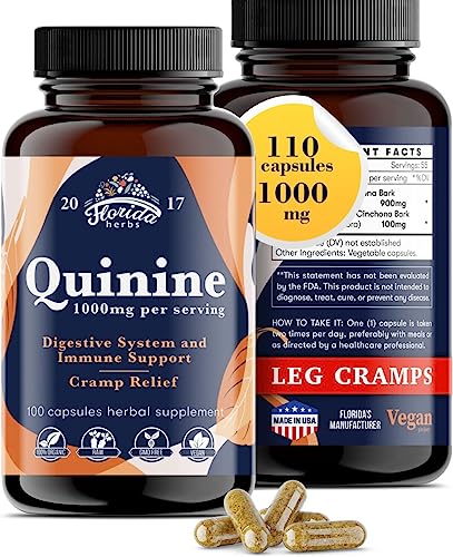 Leg Cramps Relief Organic Pills - 1000 mg - Quinine Tablets for Cramp Defense - Cinchona Bark Herb Supplement - Quinine Capsules for Muscle Cramp and Digestive Health - Made in USA - 1000 mg, 110 pcs