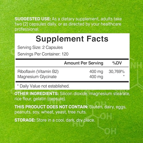 Vitamin B2 400mg (Riboflavin) | with Magnesium Glycinate 400mg, 240 Capsules – 2 in 1 Support Healthy Nervous System, Mood, Blood & Energy Production, Non-GMO