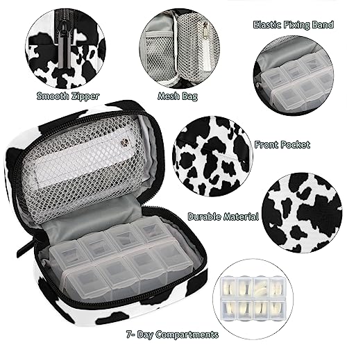 Animal Cow Pill Box 7 Day Travel Pill Organizer for Child Adult Elder Pill Case with Zipper Cow Texture Portable Weekly Case Compact Size for Vitamin Supplement Holder