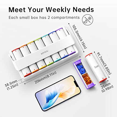 KOVIUU Weekly Pill Organizer, Large Travel Pill Box 7 Day, 2 Times a Day Pill Case with Rotatable Handle, Am Pm Daily Pill Holder Container for Vitamin, Medicine, Supplement, Fish Oil, White Pillbox