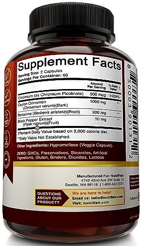 NutriFlair Ceylon Cinnamon, Berberine HCL, Chromium, Black Pepper Extract (Made with True Ceylon Cinnamon) - 1200mg per Serving, 120 Capsules - Best Glucose Metabolism and Antioxidant Combo Pills