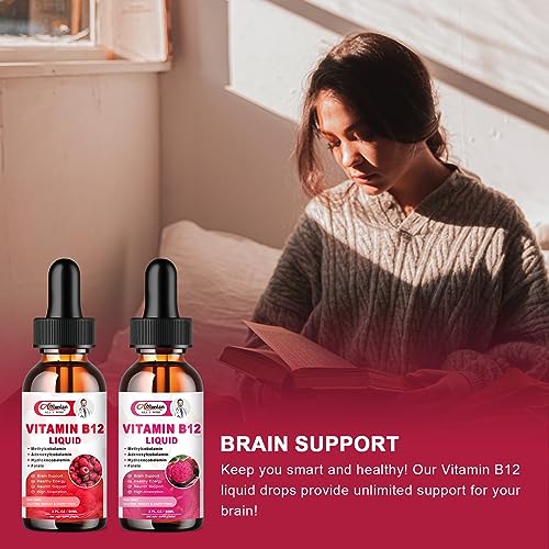 Vegan&High Absorption Vitamin B12 1000mcg Sublingual Liquid Supplement for Women and Men- Blend with Folic Acid 200mcg-Support Brain, Energy & Neuron System- Organic Fruit Flavor