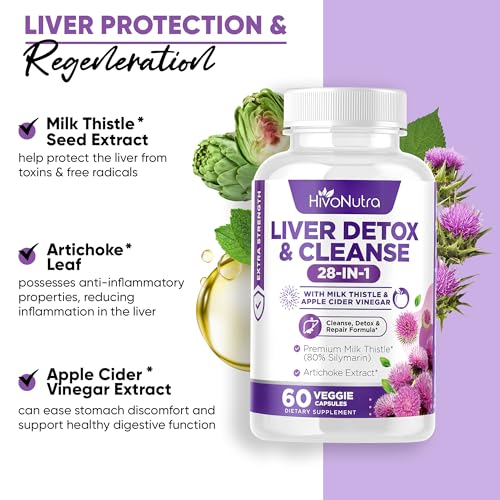 HivoNutra 28-in-1 Liver Cleanse Detox & Repair Fatty Liver Formula - Milk Thistle Silymarin, Artichoke Extract Dandelion & Apple Cider Vinegar - Liver Health Supplement Support Pills - Vegan Capsules