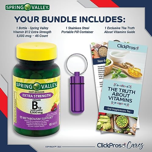 ClickPros Spring Valley Vitamin B12 Fast Dissolve Tablets Bundle, 5000 mcg, 45 Ct I Includes Exclusive “The Truth About Vitamins” Guide and Portable Pill Container (3 Items)!