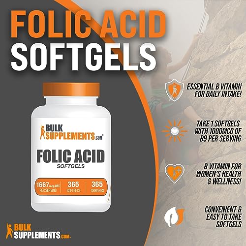 BULKSUPPLEMENTS.COM Folic Acid 1000mcg - Folic Acid Softgels, Vitamin B9, Folic Acid Supplement - Folic Acid Prenatal Vitamins, Folate Supplement, 1 Softgel per Serving, 365 Softgels