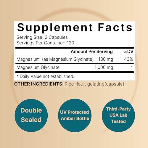 Magnesium Glycinate Supplement 1,000mg | 500mg Per Capsule, 240 Pills | 100% Chelated & Purified – Non-GMO & Gluten Free