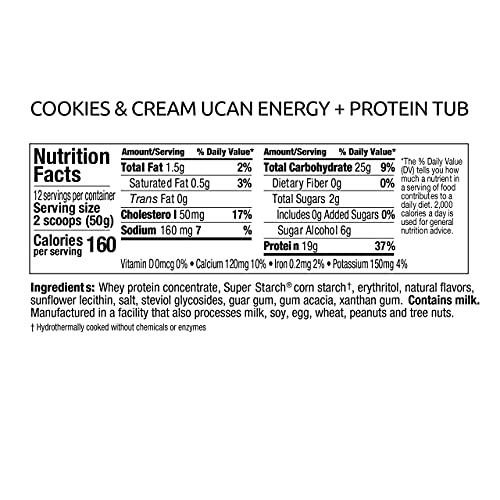 UCAN Energy + Whey Protein Powder - 19g Per Serving with Amino Acids EAAs & BCCAs - Keto, No Added Sugar, Gluten-Free - Cookies & Cream - 12 Servings