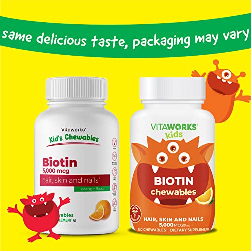 VitaWorks Kids Biotin 5000mcg Chewable Tablets - Tasty Natural Orange Flavor - Vegan, GMO-Free, Gluten Free, Nut Free - Dietary Supplement - Hair Skin and Nails Vitamins for Children - 120 Chewables