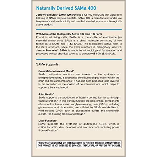 Jarrow Formulas SAMe 400 mg Extra Strength - Naturally Derived SAMe Supplements - Dietary Supplement - 60 Tablets - SAMe Supplement Supports Joint Health & Liver Function - Vegan
