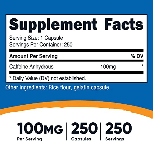 Nutricost Caffeine Pills 100mg Per Serving, 250 Capsules