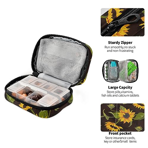 Sunflower Travel Pill Organizer Case Small Pill Box for Purse Portable Medicine Organizer Box for Vitamin Fish Oil Pills Supplements