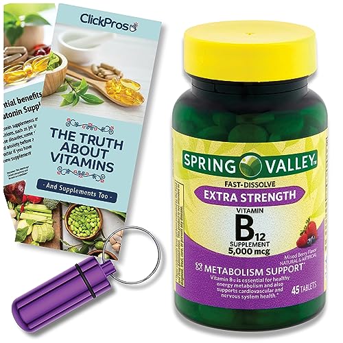 ClickPros Spring Valley Vitamin B12 Fast Dissolve Tablets Bundle, 5000 mcg, 45 Ct I Includes Exclusive “The Truth About Vitamins” Guide and Portable Pill Container (3 Items)!