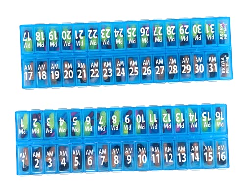 Twice-a-Day Monthly Pill Box Planner Set - AM & PM Medication Organizer for 31 Days! Set Contains 2 Organizers for One Month. (Blue - 31 Day AM/PM -1 Pack)