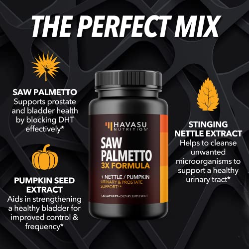 Saw Palmetto Prostate Supplement for Men | Nettle Seed & Pumpkin Seed Oil Capsules for Potent 3X Formula | Ultimate Prostate & Bladder Support for Older Men | 2 Month Supply with 120 Male Pills