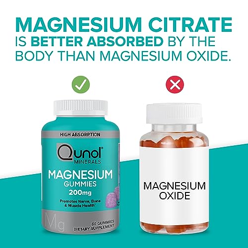 Qunol Magnesium Gummies for Adults, Qunol 200mg Magnesium Citrate Gummies, High Absorption Magnesium Supplement, Supports Nerve Health, Bone Health, Muscle Health, Vegetarian, 60 Count, Pack of 2