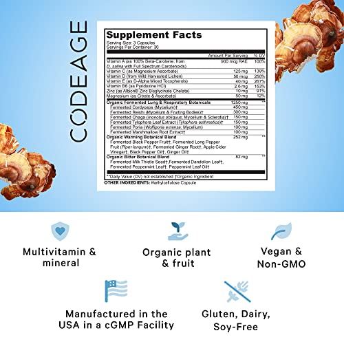 Codeage Lungs Vitamins, A, C, D, E, B6, Milk Thistle Lung Supplement, Zinc & Magnesium, Cordyceps, Reishi, Ginger, Peppermint Leaf Organic Herbs Cleanse, Breathing, Respiration - Non-GMO - 90 Capsules