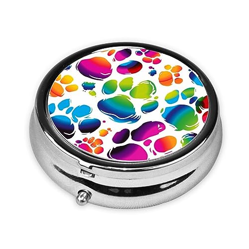 Round Pill Box Colorful Dog Paw Print Cute Small Pill Case 3 Compartment Pillbox for Purse Pocket Portable Pill Container Holder to Hold Vitamins Medication Fish Oil and Supplements