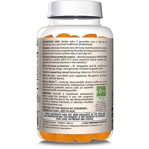 Jarrow Formulas Probiotic + Immune 2 Billion CFU With 2 Clinically-Studied Strains, Vitamins C, D & Zinc, Dietary Supplement for Digestive and Immune Support, 90 Orange-Flavored Gummies, 45 Day Supply