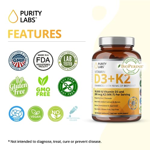 Purity Labs Vitamin D3 K2 10000 IU, (250mcg) D3 + 200mcg K2 MK7 - Immune Support Supplement Enhanced with Bioperine - Vegan Supplements for Daily Defense, Bone, Muscle & Skin Health - 120 Capsules