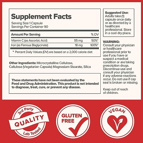 O Positiv Advanced Absorption Iron with Vitamin C Capsules - Vegan Iron Supplement for Men & Women - Healthy Red Blood Cells, Immune System & Energy Production - 90 Servings, 3 Month Bulk Supply