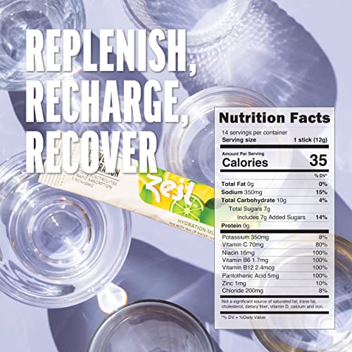 Zest Hydration Electrolyte Powder - Lemon Lime - Mix w/Water - 14 Travel Packets - Low Sugar Supplement - Recovery & Dehydration Drink - IV Pillars of Liquid Rehydration incl Salt & Potassium