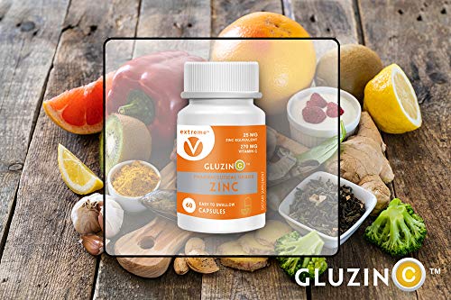 GluzinC Immune Power Combo of 25MG Pharmaceutical Grade Zinc Plus 270MG Vitamin C (60 Vegetarian Capsules)