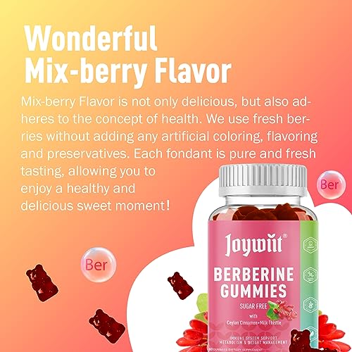 Joywiit Berberine Gummies with 1500mg Berberine Per Serving Plus Ceylon Cinnamon, Milk Thistle for Immune System & Metabolism Support, Sugar Free - 60 Counts