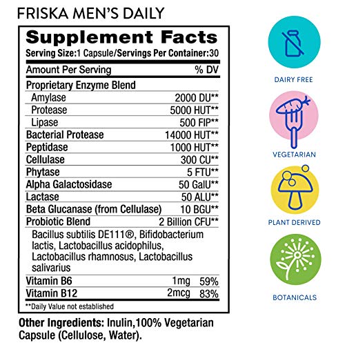 FRISKA Men’s Daily Digestive Enzyme and Probiotics Supplement, Natural Support for Male Digestive Health, Bloating, Gas, Indigestion Relief, Supports Gut Health, Lactase and B-Vitamins, 90 Capsules