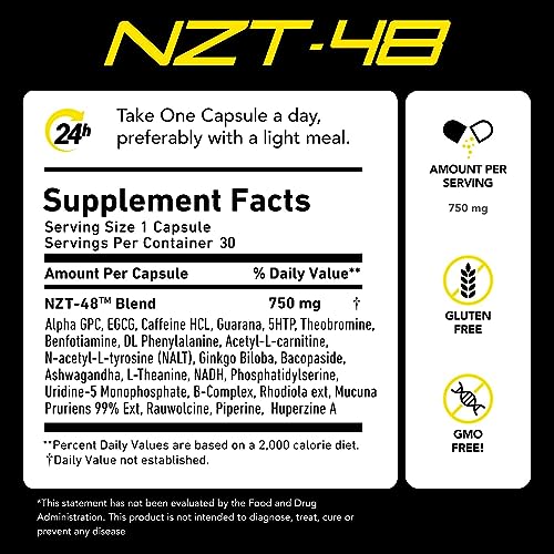 NZT-48 Premium Brain Booster - Nootropic - Brain Supplement for Memory + Focus + Natural Energy - Caffeinated, Phosphatidylserine, Vitamins B6 B12-30ct Capsules