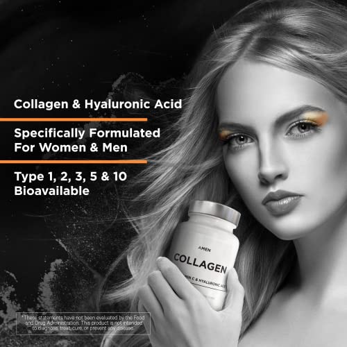 Amen Multi Collagen Peptides Capsules with Hyaluronic Acid and Vitamin C - 5 Types of Collagen Protein Type I, II, III, V, X - Grass Fed - Hydrolyzed - Amino Acids - Collagen Supplement - 90 Pills