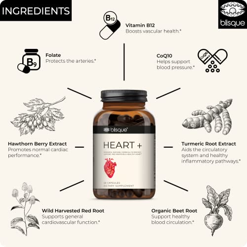 Blisque – Natural Blood Pressure Support Supplement for Heart Health and Circulation | Doctor-Approved | with 200 mg CoQ10, Hawthorn Berry, Beet Root, Turmeric | 60 Capsules