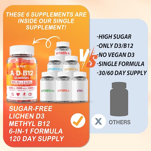 Sugar-Free Vitamin ADK + Vitamin B12 Gummies for Adults - B12 Vitamins 5000mcg 2500mcg, Vitamin A, Vitamin D 10000iu 5000iu, Vitamin D3 K2, C, Zinc for Eye,Bone,Heart,Energy,Mood,Nerve,Immune,120 Days