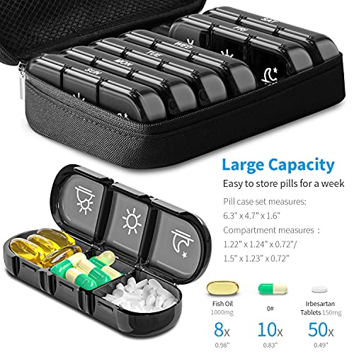 ZIKEE Large Weekly Pill Case Organizer 3 Times a Day, Portable Light Proof Canvas Bag Pill Box 7 Day to Protect Your Privacy and Store Medication, Vitamin, Fish Oil, Supplement (Black)