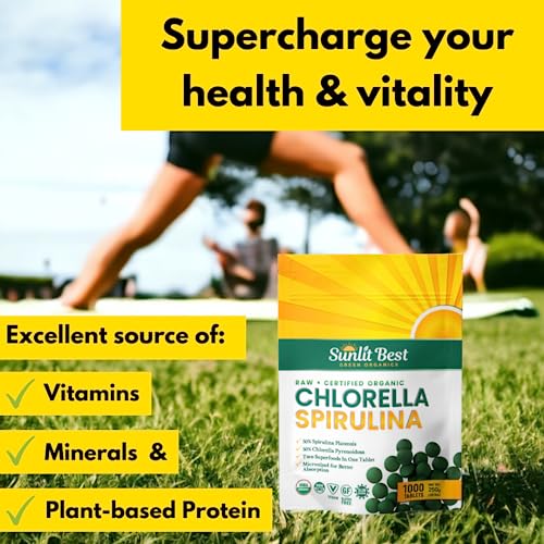 Sunlit Best Organic Burst Chlorella Spirulina Tablets - Pure Superfood Supplement for Heavy Metal Detox Cleanse with Blue Green Algae, Chlorophyll & Vegan Protein, Spirulina Chlorella Pills 1000 Tabs