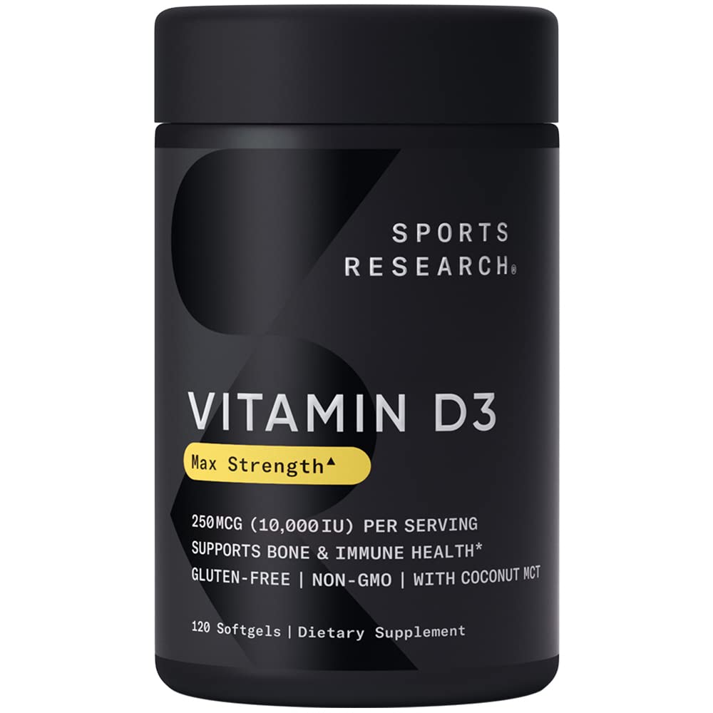 Sports Research Vitamin D3 10,000 IU with Coconut MCT Oil - High Potency Vitamin D Supplement for Immune & Bone Support - Non-GMO Verified, Gluten & Soy Free – 250mcg, 120 Liquid Softgels