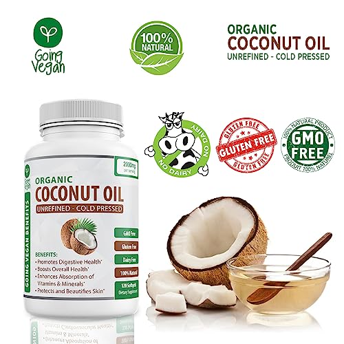 Organic Coconut Oil Capsules 2000mg - 100% Extra Virgin, Cold Pressed for Healthy Skin, Extra Hair Growth, Nail Care, Brain Booster - 120 Softgels - Unrefined Pure & Non GMO Pills - Rich in MCT