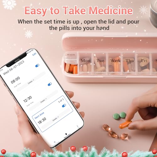 Daviky Smart Pill Organizer with Alarm, Bluetooth Daily Once a Day Pill Box 7 Day with APP, Weekly Travel Pill Case, Portable Pill Reminder for Medicines, Supplements and Vitamins (Pink)