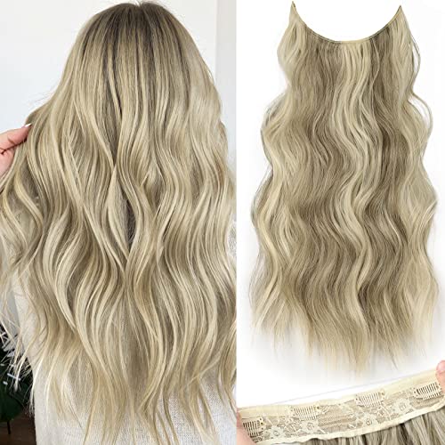 KooKaStyle Invisible Wire Hair Extensions with Transparent Headband Adjustable Size 4 Secure Clips Long Wavy Secret Wire Hairpiece 20 Inch for Women (Ash Brown mix Platinum Blonde)