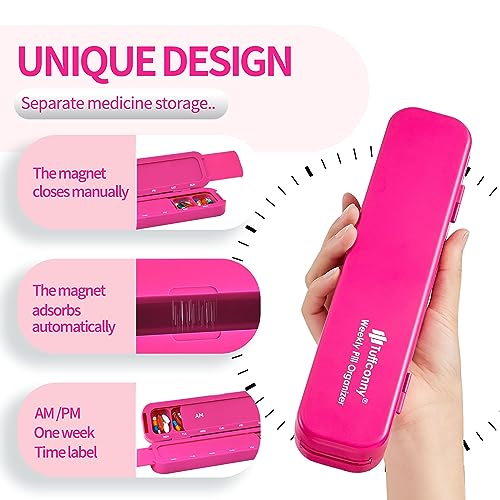 Tuffconny Weekly Pill Organizer - Travel Medicine Organizer, Pill Boxes and Organizer 2 Times a Day, 7 Day Pretty Pill Case, Pill Holder for Vitamins, Medicines and Tablets (Viva Magenta)